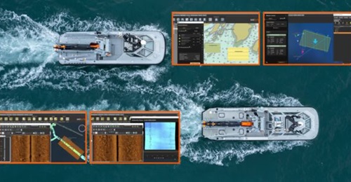 Two Atlas Elektronik UK ARCIMS with SeaCat AUVs onboard and (insets) screenshots of SeeByte's software showing mission planning, monitoring, and post-mission analysis for the SeaCat.