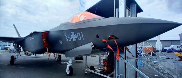 A mock-up of the F-35A in German national markings at ILA 2024. With the first of 35 jets to be delivered from 2026, MBDA is pressing the Luftwaffe to integrate the Meteor missile, which it already carries on the Eurofighter.