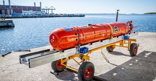 A Swedish Navy AUV62-AT on display at the Saab Kockums shipyard in Karlskrona.