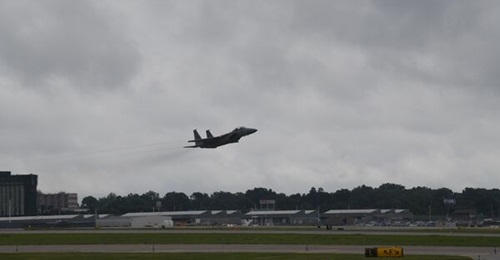 The first operational F-15EX fighter aircraft lifts off from St Louis, Missouri, en route to Portland Air National Guard Base.