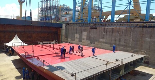 Construction progress on the Philippine Navy's fourth SSV, seen here during a visit by 
        
         to Surabaya.