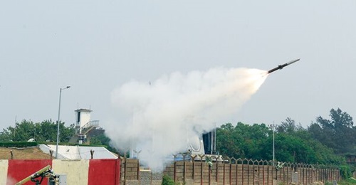 The VSHORADS - pictured above from a DRDO test in March 2023 - is a tripod-launched missile system designed to strike moving aerial targets such as UAVs, helicopters, and fighter aircraft.