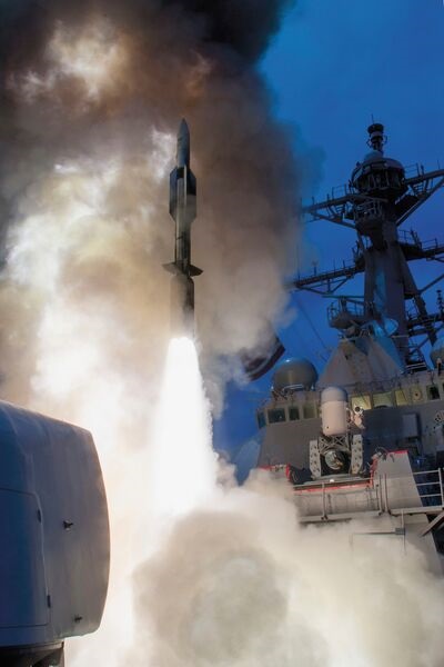 An SM-6 launched by guided-missile destroyer USS
        
        (DDG 53) in June 2014. Anduril recently received a contract to develop a new second-stage rocket motor for the SM-6.