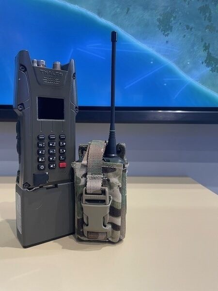 Ireland is the latest customer to acquire the SquadNet soldier radio (right) from Thales. The contract also includes Synaps radios, including Synaps-H (left), pictured at Eurosatory 2024.