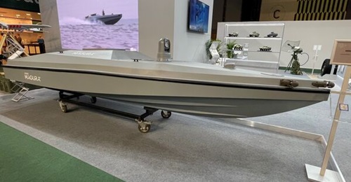 A life-size model of Ukraine's Magura V5 USV displayed at Eurosatory 2024. The system has been credited with destroying several vessels from Russia's Black Sea Fleet.