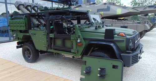 Rheinmetall is displaying the Caracal 4×4 airborne vehicle with a multicanister launcher with four Hero-120 loitering munitions at Eurosatory 2024.