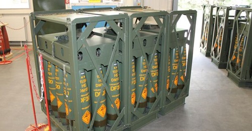 155 mm artillery shells pictured at a Rheinmetall facility in Unterlüss, Germany, in 2024.