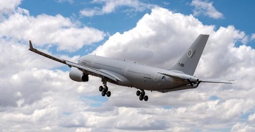 The eighth of 10 KC-30M aircraft seen departing for Eindhoven Air base in the Netherlands for delivery to the Multinational Multirole Tanker Transport Unit.