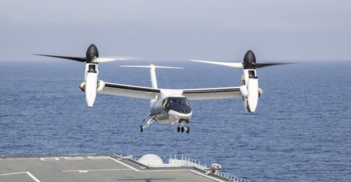 Production-standard AW609 test aircraft AC4 seen performing flight trials from the ITS 
        
         aircraft carrier.