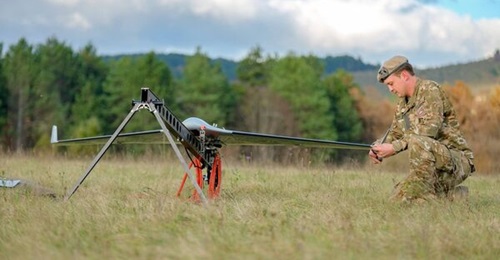 A Belin UAS on its rail launcher with a Slovenian Armed Forces operator. The system is now in service with Montenegro also.