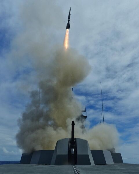 The RSS 
        
         is seen here during its firing of two Aster missiles at 'RIMPAC'.