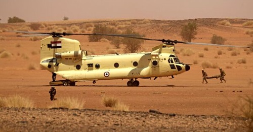 An Egyptian Air Force CH-47D Chinook helicopter is seen during Exercise 'Guardians of the Nile' in Sudan on 31 May 2021.