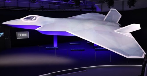 A 1:1 scale model of the GCAP fighter concept is displayed at the Farnborough International Airshow 2024.