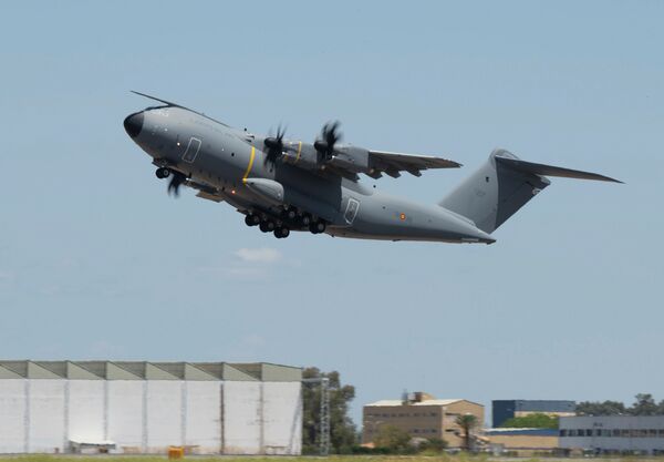 The 100th A400M departs the Seville final assembly line for the Spanish Air Force base at Zaragoza. (Airbus)