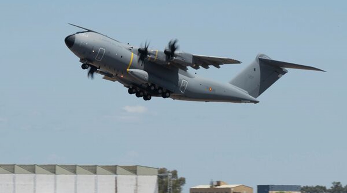 The 100th A400M departs the Seville final assembly line for the Spanish Air Force base at Zaragoza.