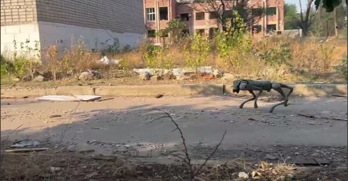 A screen-grab of footage from Kurt & Company's Telegram channel testing a new robotic dog on the front lines of Ukraine in Toretsk in August 2024.