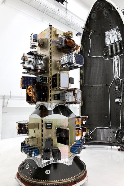 UK Space Command's first satellite Tyche is set to launch on 16 August onboard the Transporter-11 Rideshare mission. Pictured are the various satellites launching on the mission, including the box-shaped Tyche seen on the far left near the bottom.