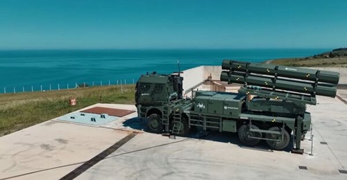 The launcher loaded with Atmaca UM (Atmaca Kara) cruise missiles before the test firing that Roketsan announced on 18 August.