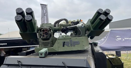 Moog's Reconfigurable Integrated-weapons Platform air-defence turret displayed at the DVD 2024 defence exhibition.