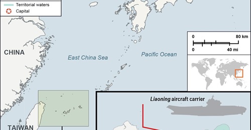 Route taken by aircraft carrier 
        
         and its task group.