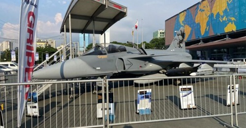 Saab displayed a mock-up of its Gripen E/F fighter aircraft at the ADAS 2024 show in Manila.