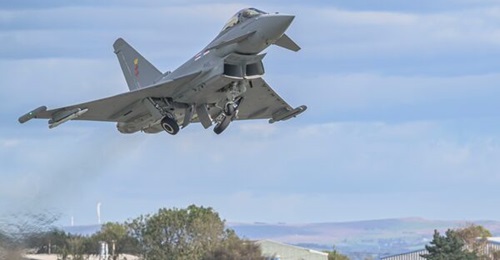 A Eurofighter Typhoon test and evaluation aircraft equipped with a ECRS Mk 2 prototype radar departs BAE Systems' Warton Aerodrome on its first flight.