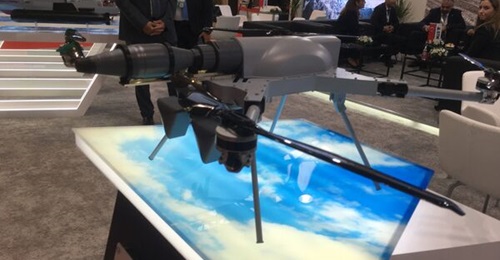 STM Kargu loitering munition displayed with an anti-tank warhead at ADEX 2024.