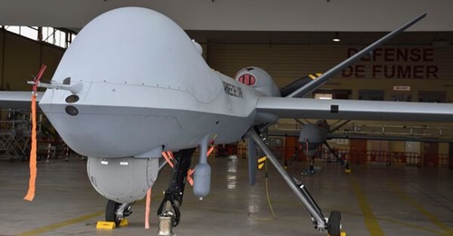 Two of the six Reaper Block 5 UAVs delivered to the French Air Force in 2020, seen at Cognac airbase on 17 June. Another three operate in Niger, while the sixth is flying in weapons qualification tests in the US.