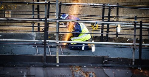 A ceremonial cut is made on ex-HMS 
        
         to mark the start of its final stage of dismantling.