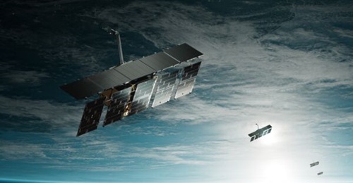 A graphic rendering of part of ICEYE's constellation of SAR imaging satellites, which the company along with partners like Rheinmetall and the German government gave use of to the Ukrainian government.
