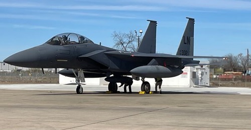 An EPAWSS-equipped F-15E in San Antonio, Texas, where Boeing retrofits the Strike Eagle.