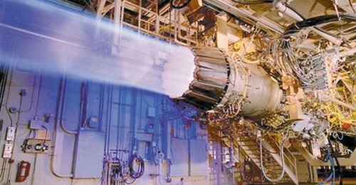 A Pratt & Whitney F135 conventional take-off and landing (CTOL) engine in afterburner on a test stand.
