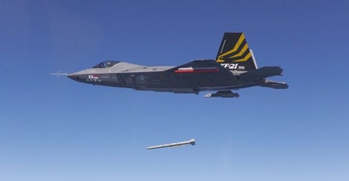 A KAI KF-21 prototype launches a mid-range air-to-air Meteor missile during trials in late 2023.