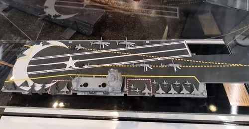 A model of the future MUGEM Turkish aircraft carrier seen in Istanbul in late May 2025.