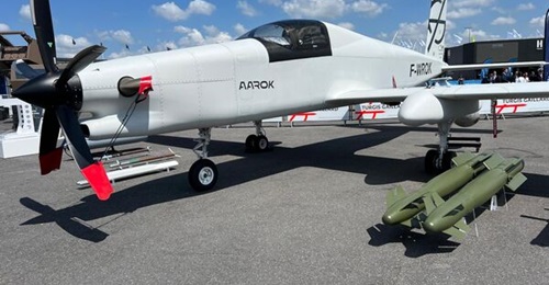 An Aarok UAV with cockpit for flight testing displayed by Turgis Gaillard at the Paris Air Show 2025.