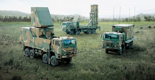 The M-SAM consists of a multi-function radar (right), command post (left), and several launchers (background).