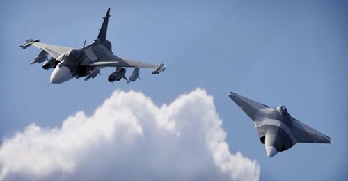 A concept graphic showing a possible future Swedish uncrewed air system flying alongside a present-day Gripen, a project Saab is working on for Sweden's Future Combat Aircraft Concept programme.