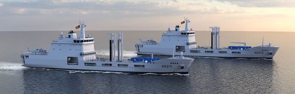 Two 137 m replenishment ships for the Portuguese Navy, ordered from STM, shown in a concept graphic released in September 2025.
