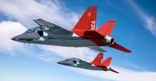 A pair of T-7A Red Hawk AJT aircraft undergoing flight trials. BAE Systems, Boeing, and Saab are to offer the aircraft to the UK and to the wider international flight training market.