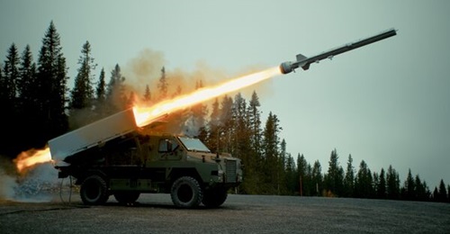 A Kongsberg Naval Strike Missile being test-fired from a StrikeMaster variant of the Thales Bushmaster armoured vehicle in Norway in October 2025.