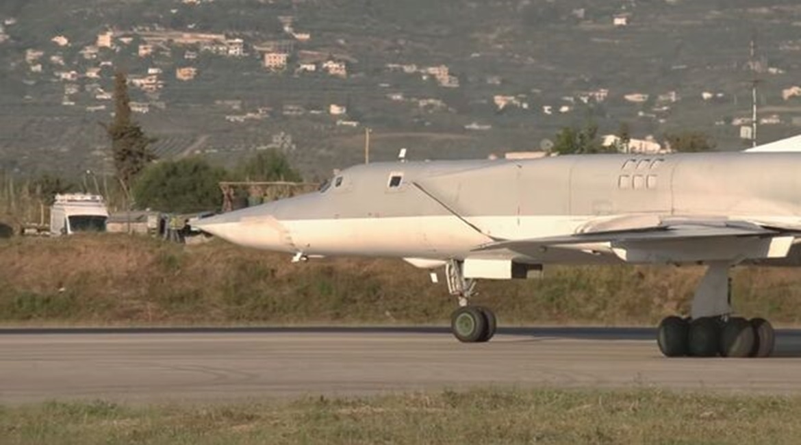A still from a video released by the Russian Ministry of Defence shows one of the three Tu-22M3 bombers taxiing after landing at Humaymim Air Base.