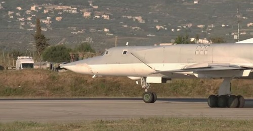 A still from a video released by the Russian Ministry of Defence shows one of the three Tu-22M3 bombers taxiing after landing at Humaymim Air Base.