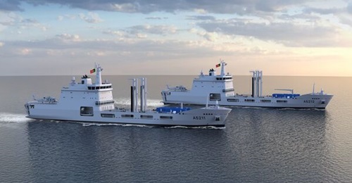 A concept graphic of two multi-purpose Auxiliary Oiler Replenishment (AOR ) and logistics support ships for the Portuguese Navy, released by Turkish defence company STM on announcing winning the contract on 17 December 2024.