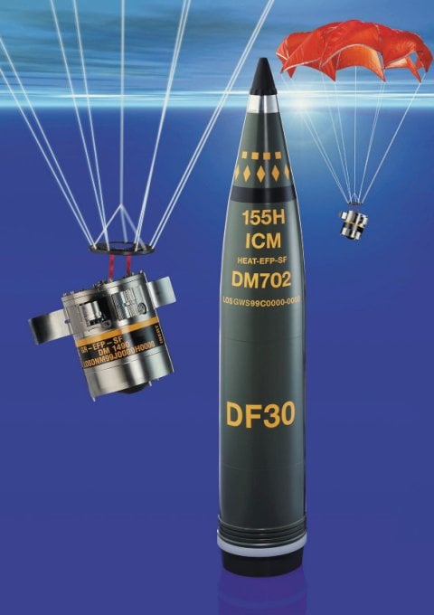 The complete SMArt155 artillery projectile (middle) with submunitions containing an EFP warhead deployed by a parachute (left and right). (GIWS)