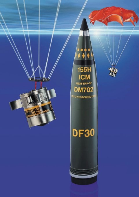 The complete SMArt155 artillery projectile (middle) with submunitions containing an EFP warhead deployed by a parachute (left and right).