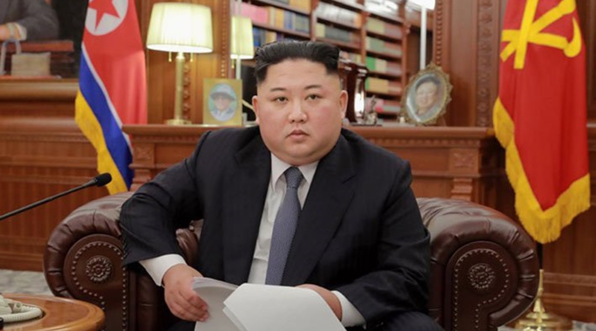 North Korean leader Kim Jong-un during a speech broadcast on state TV on 1 January 2019. Kim warned that Pyongyang “might be compelled to explore a new path” if Washington does not ease the sanctions imposed against the country.