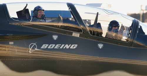Maj Gen Doherty (left), 19th Air Force commander, taxies out to the flightline with a Boeing pilot for a T-X trainer familiarisation sortie in St Louis on 27 November 2018. The T-X trainer will provide student pilots with the skills needed to transitio...