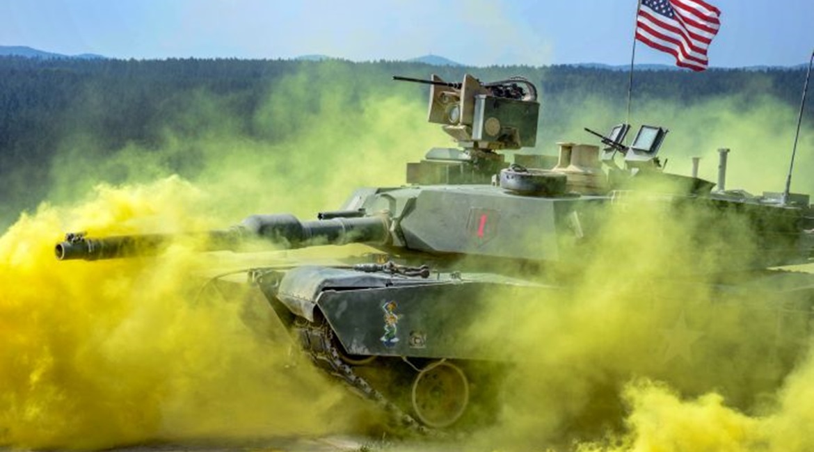 US soldiers in an M1 Abrams tank compete in the Strong Europe Tank Challenge at the Grafenwoehr training area in Germany in June 2018. The US Army will field Rafael's Trophy APS on its Abrams tanks.