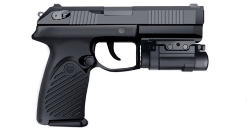 Right-hand side view of the latest iteration of Udav pistol by TsNIITochMash, chambered for the 9×21 cartridge and fitted with a combined laser pointer and tactical light module (artist's impression).