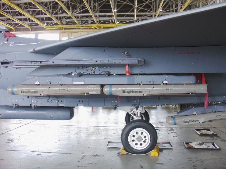 Raytheon’s GBU-53/B StormBreaker air-to-surface munition mounted to a Boeing F-15 Eagle. (Raytheon)